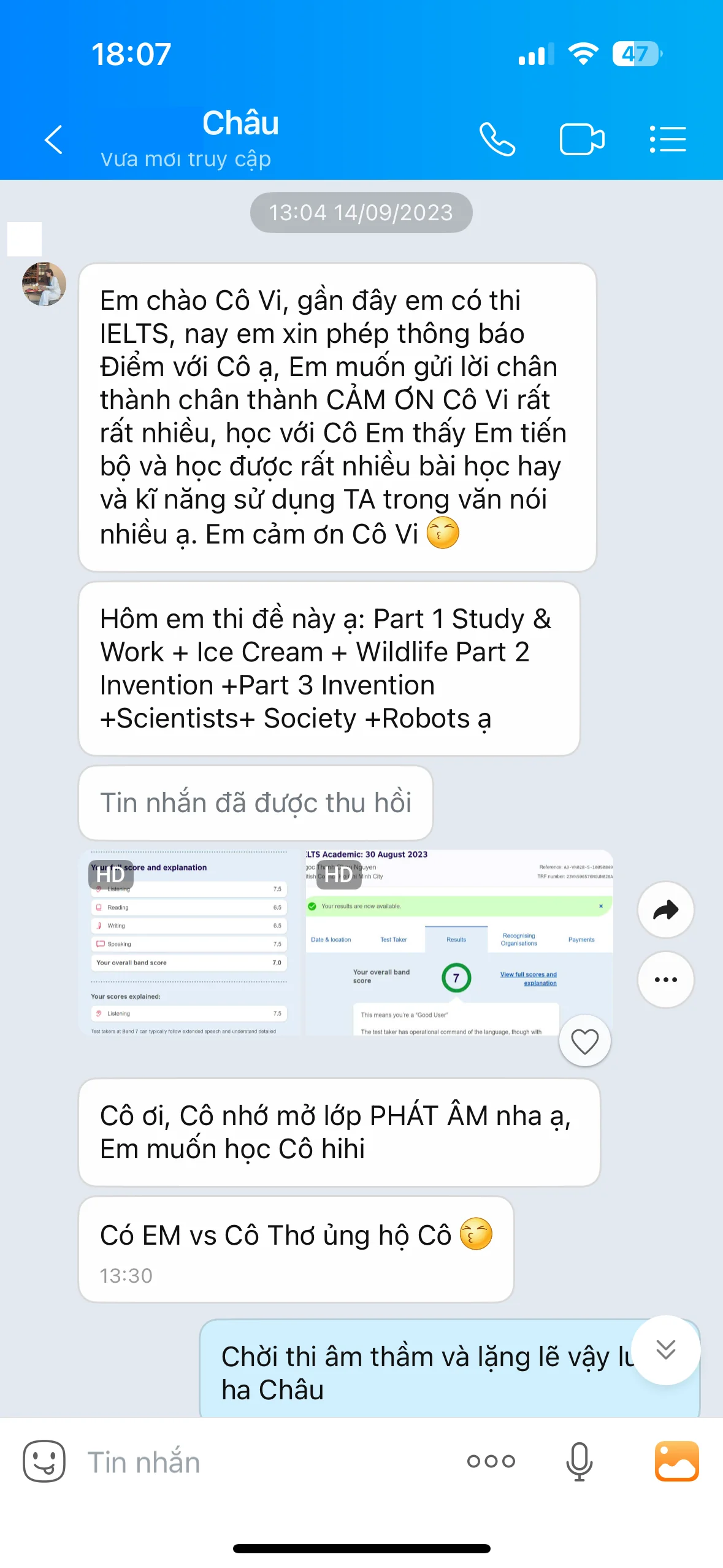 Châu nhắn tin cảm ơn