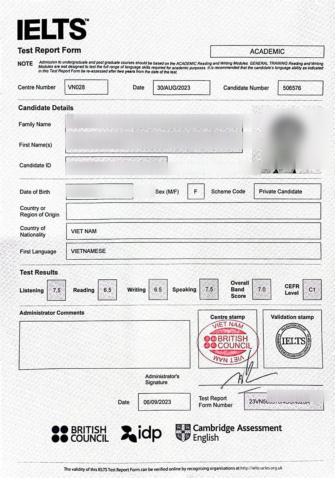 Châu, Phiếu điểm IELTS chính thức