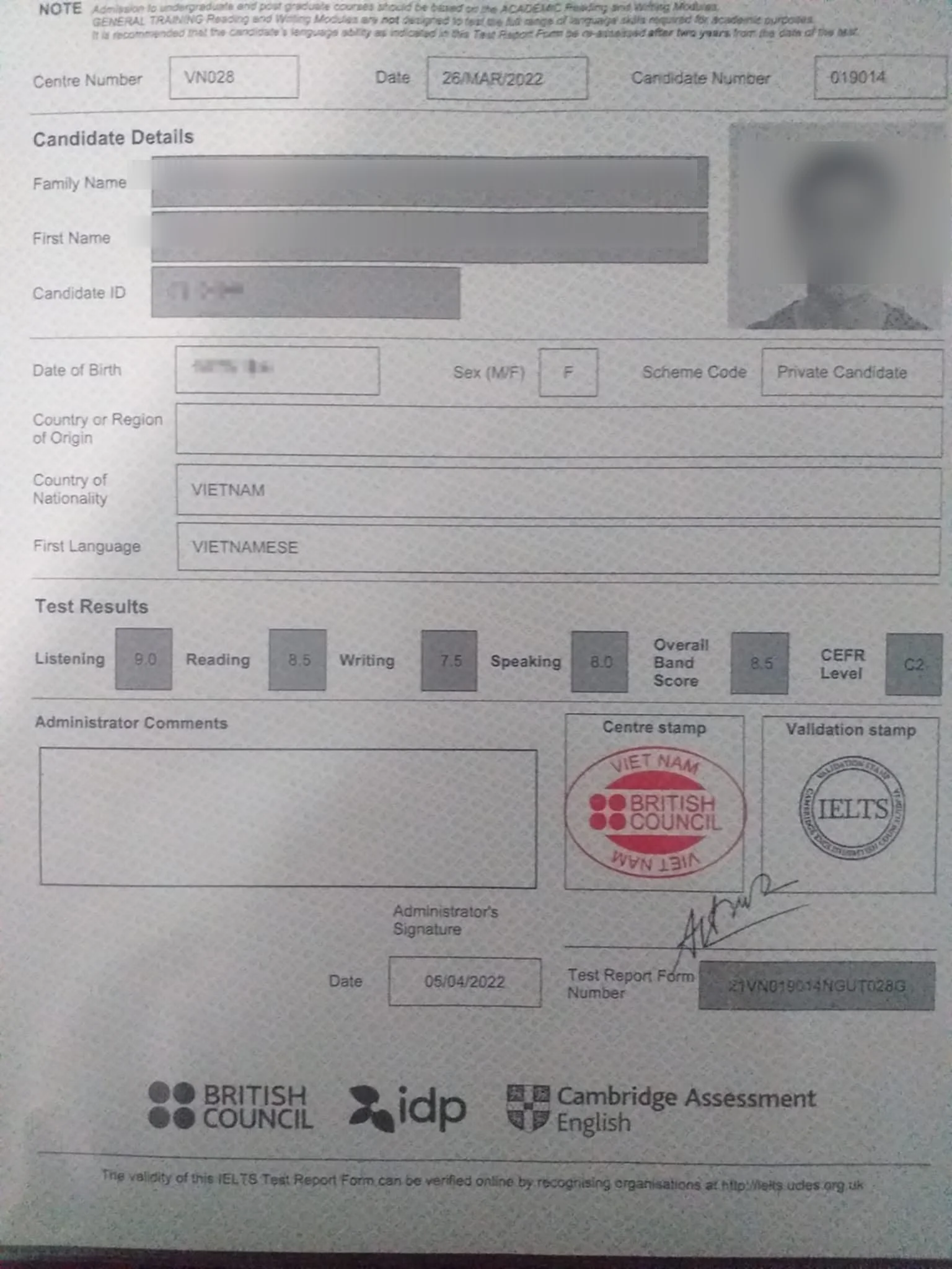 Ly, IELTS TRF Overall 8.5