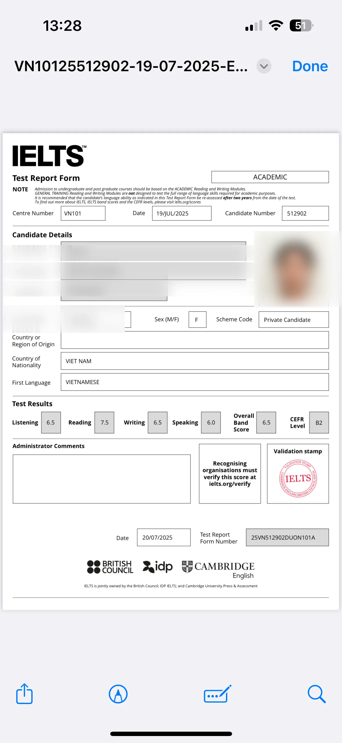 Thy Phương, IELTS TRF đợt 2 Overall 6.5