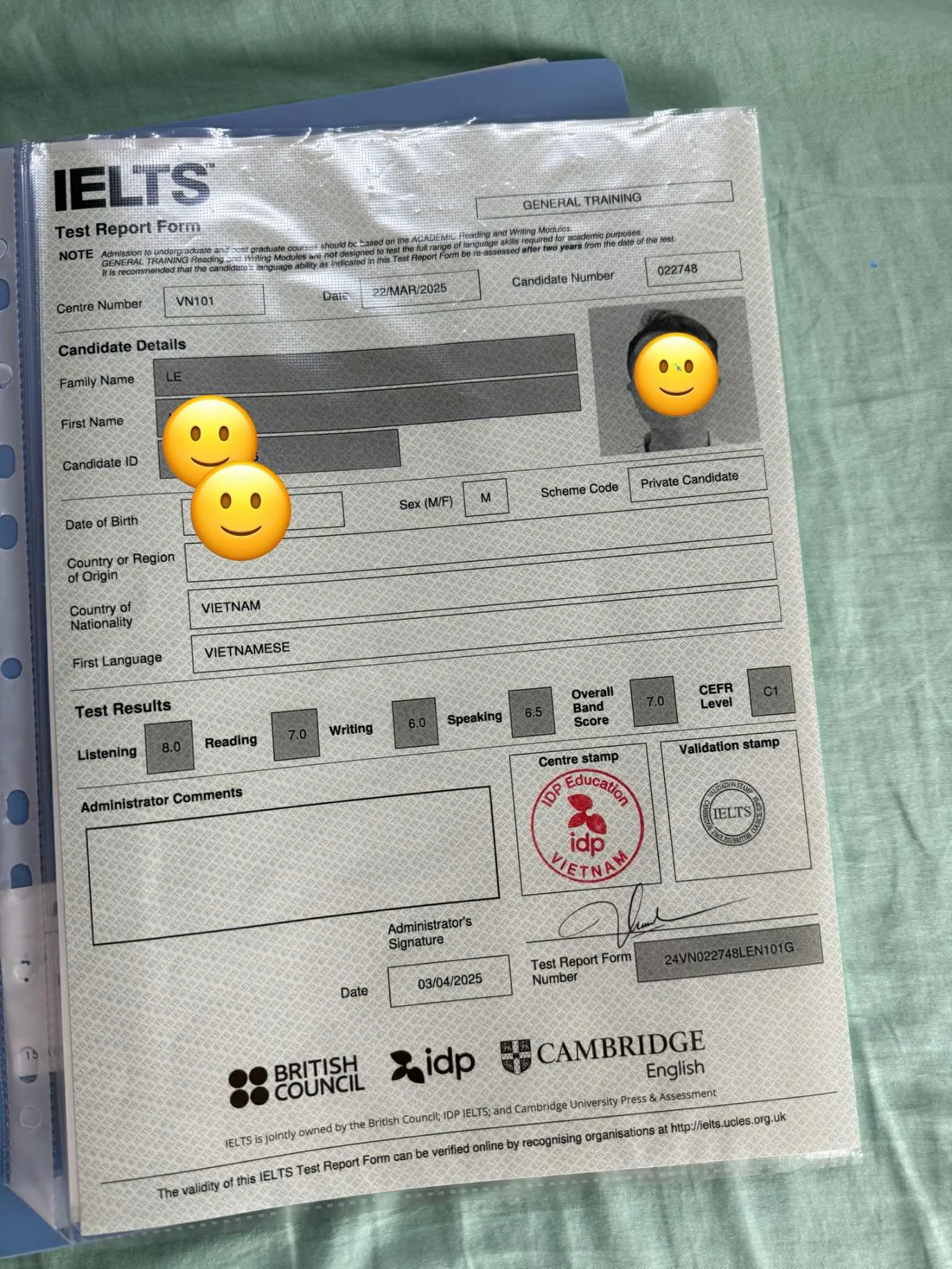 Trác, IELTS cert Overall 7.0