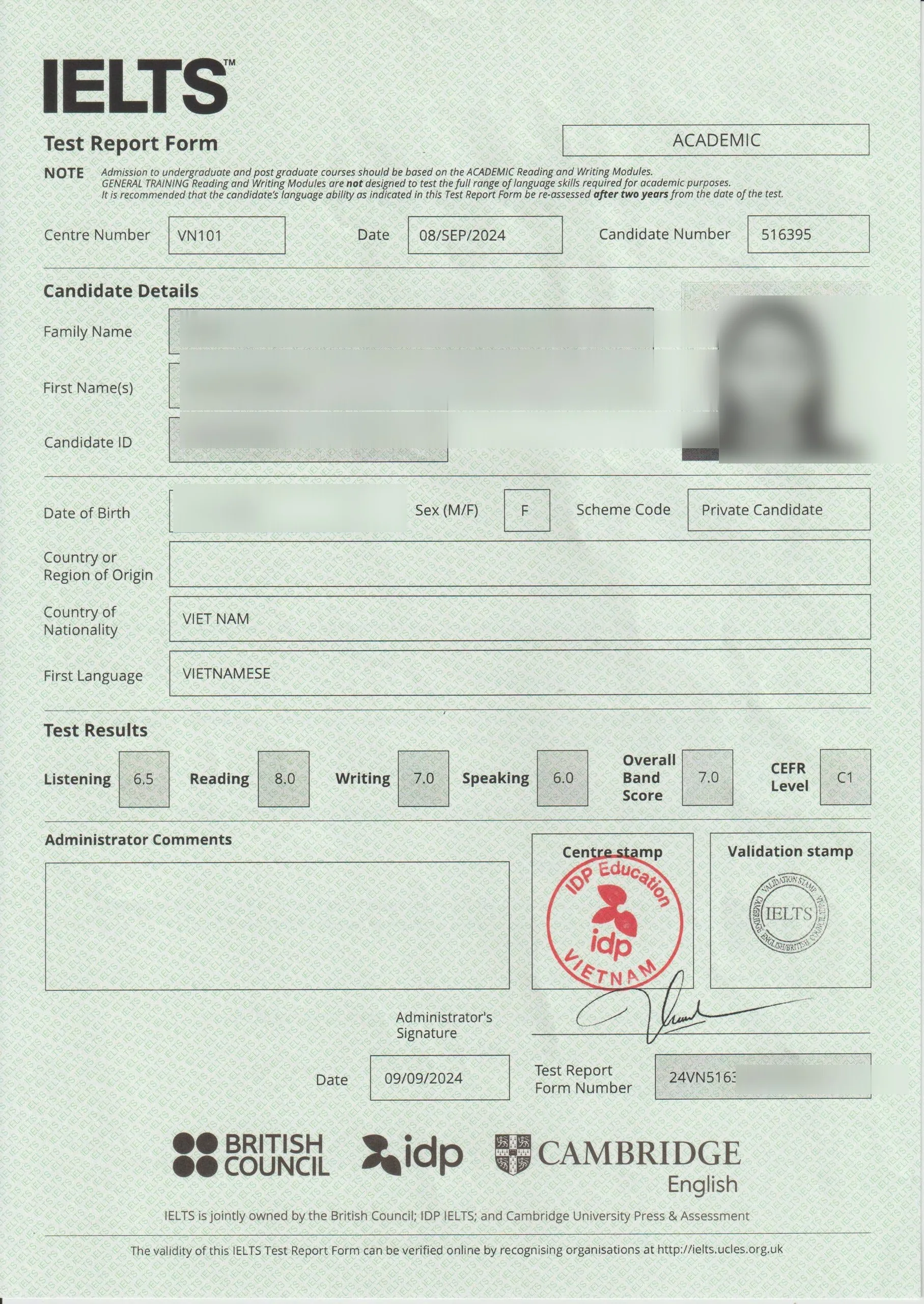 Vy, IELTS TRF chính thức