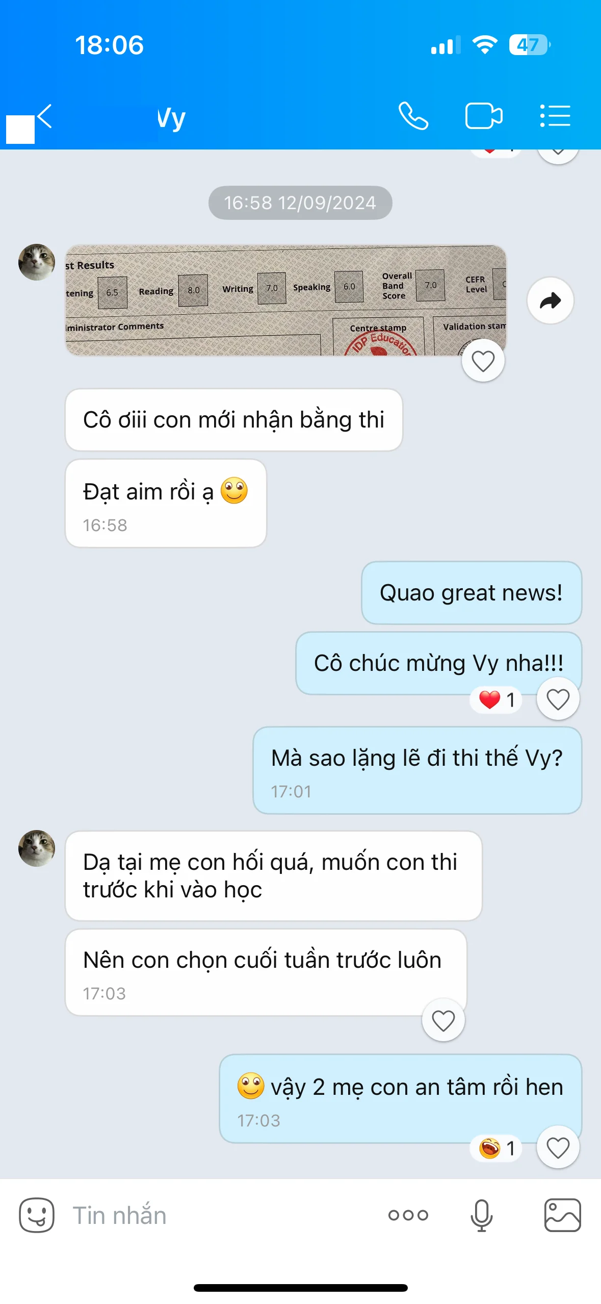 Vy nhắn tin báo đạt Overall 7.0