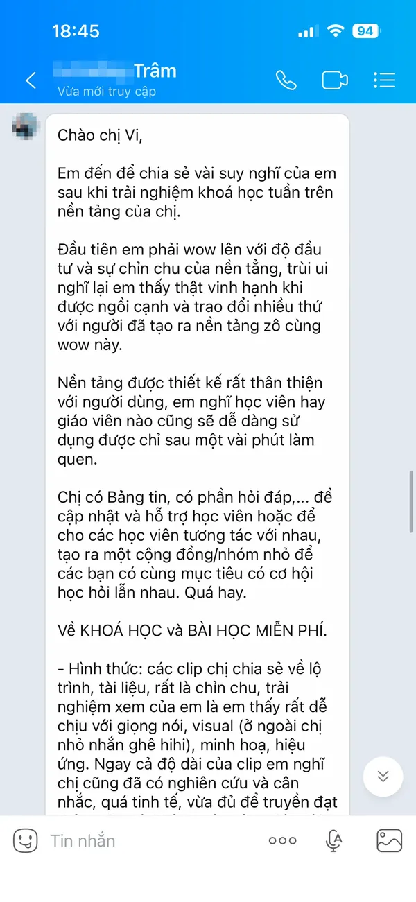 Tin nhắn Zalo thật của Trâm feedback về SpeakPro