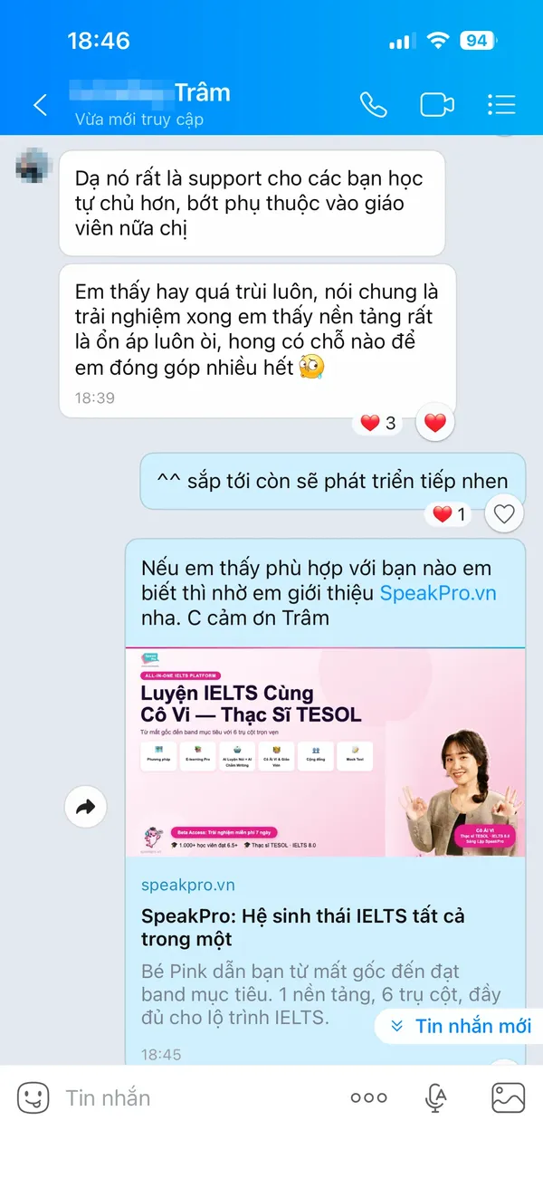 Tin nhắn Zalo thật của Trâm
