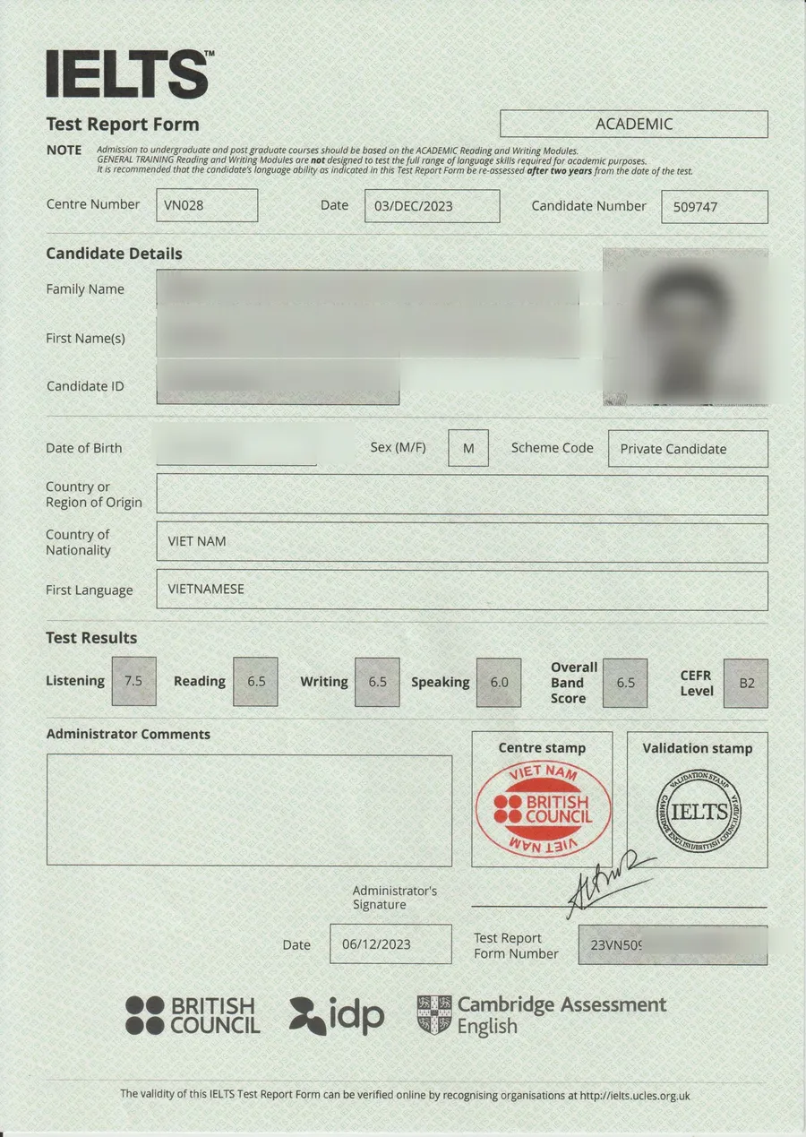 Phiếu điểm IELTS thật của Vũ: Overall 6.5
