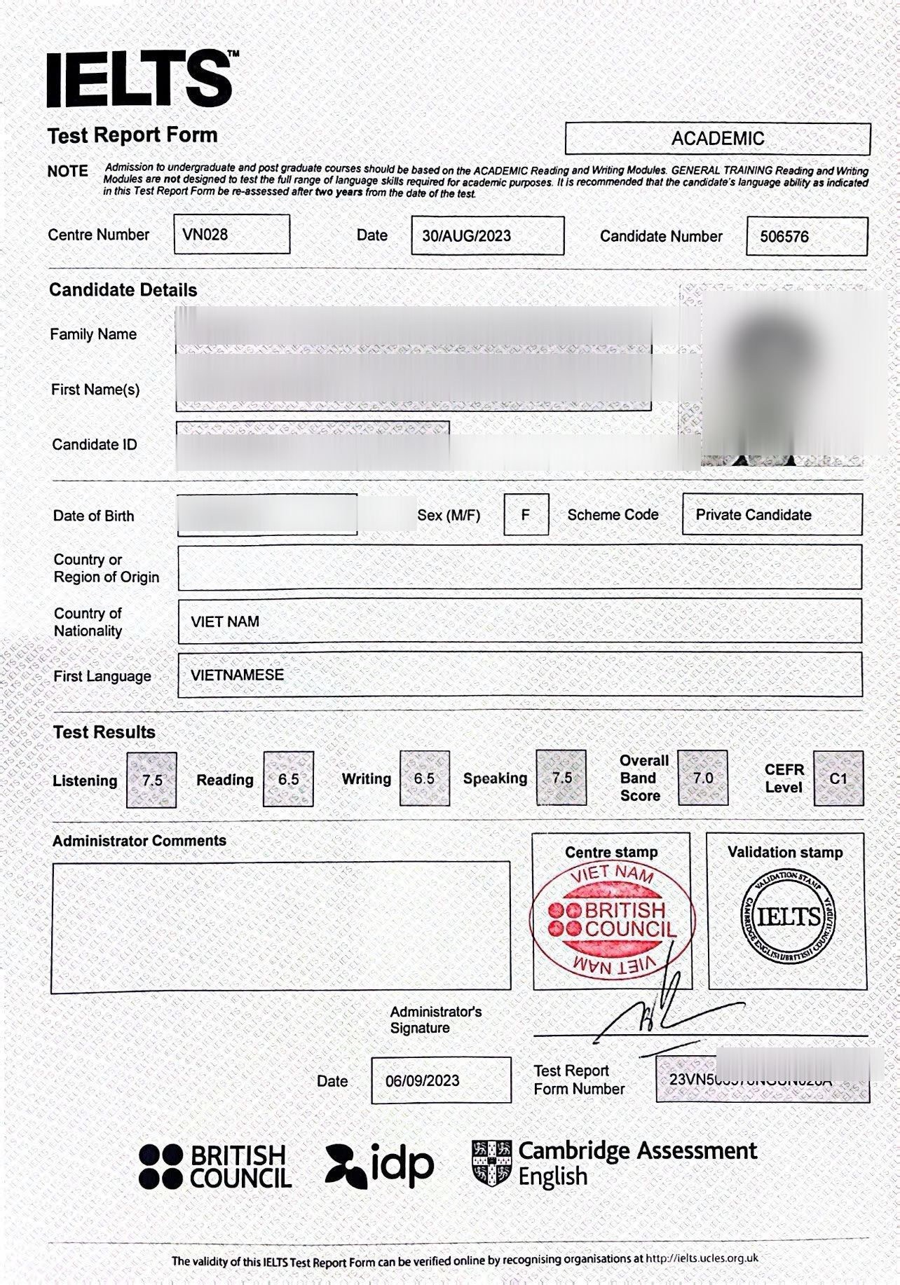 Châu, Phiếu điểm IELTS chính thức
