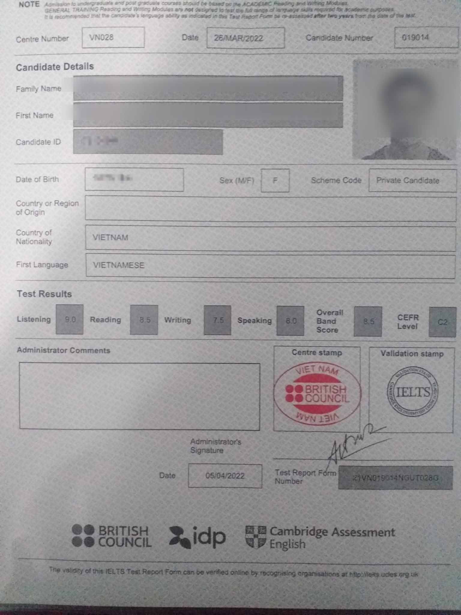 Ly, IELTS TRF Overall 8.5