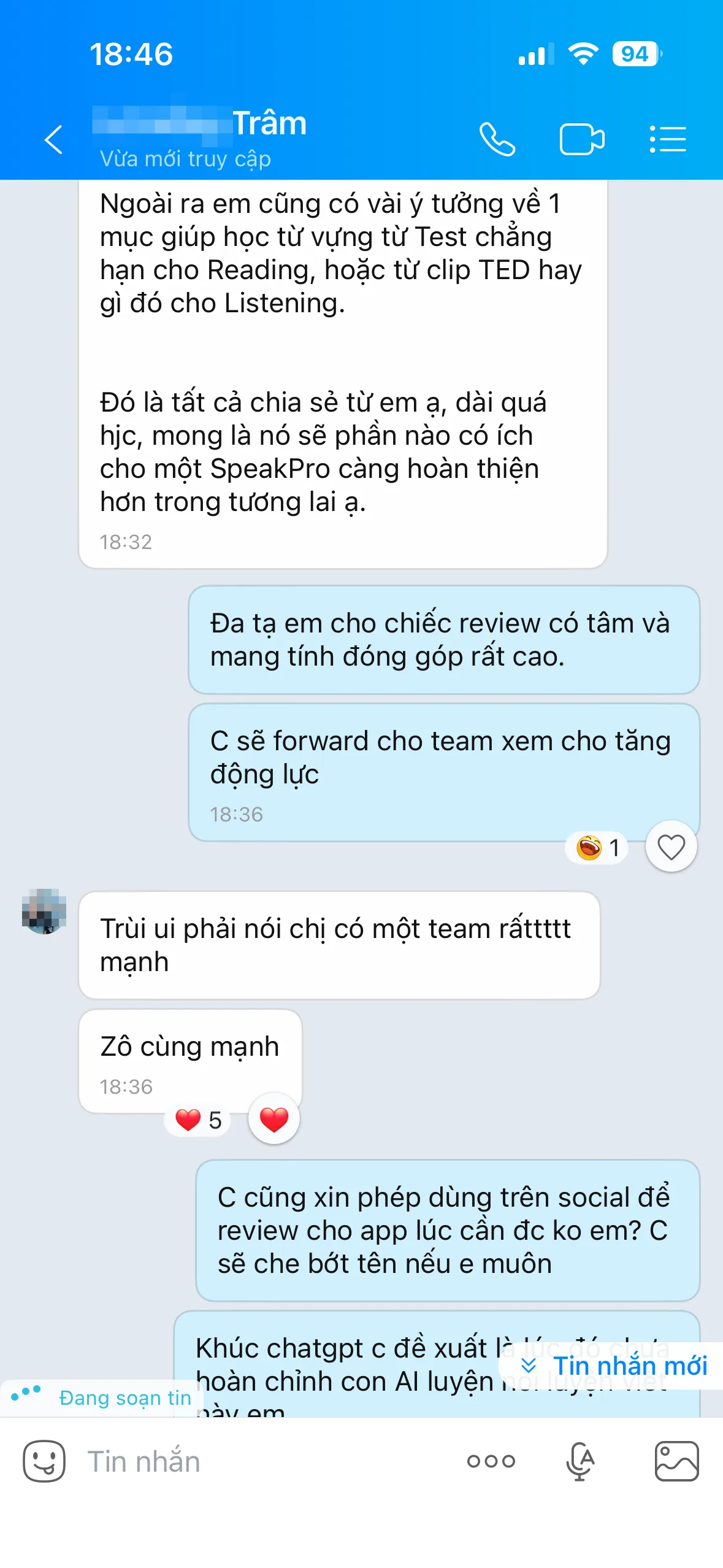 Cô Ái Vi cảm ơn Trâm vì review có tâm