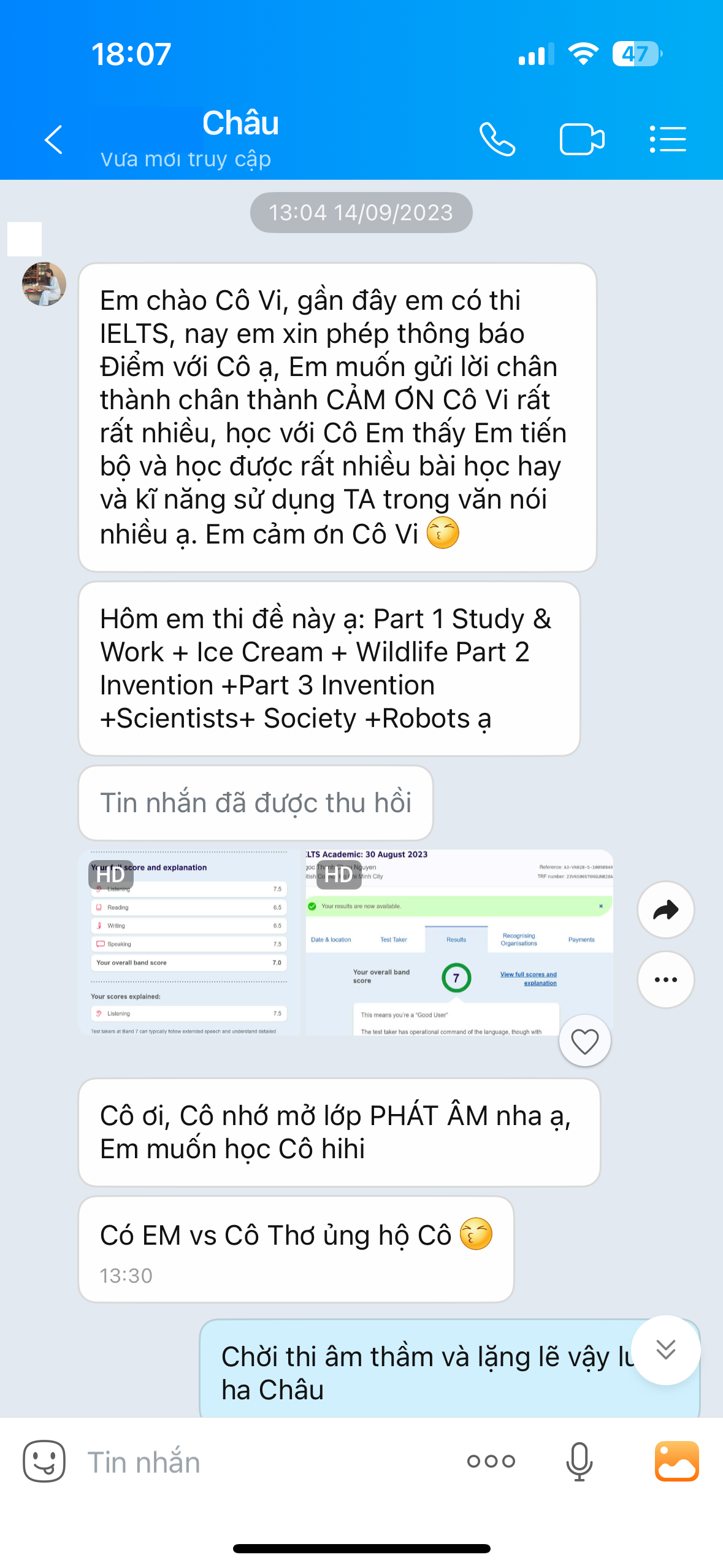 Châu nhắn tin cảm ơn