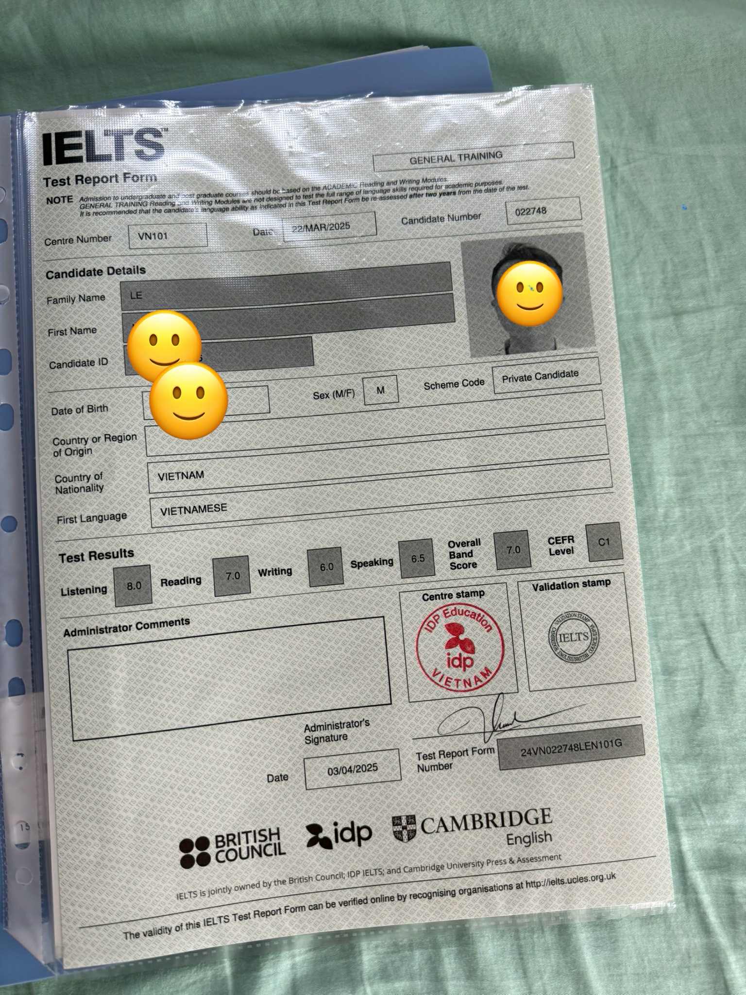 Bảng điểm IELTS chính thức của Trác · Overall 7.0