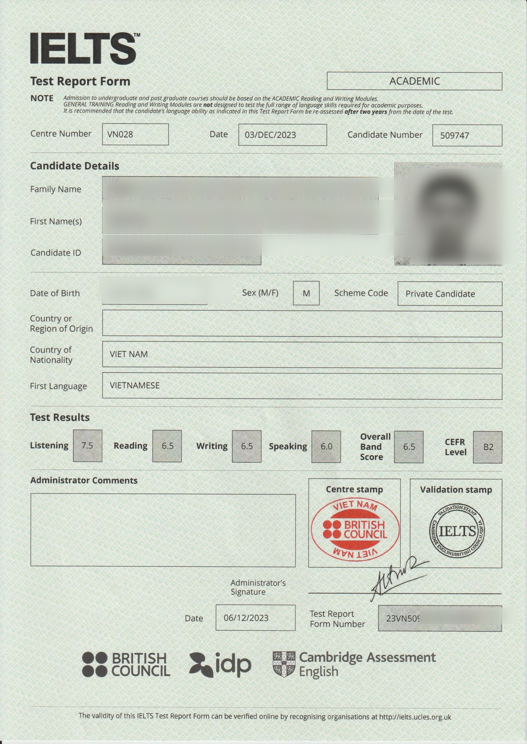 Vũ, IELTS TRF chính thức Overall 6.5