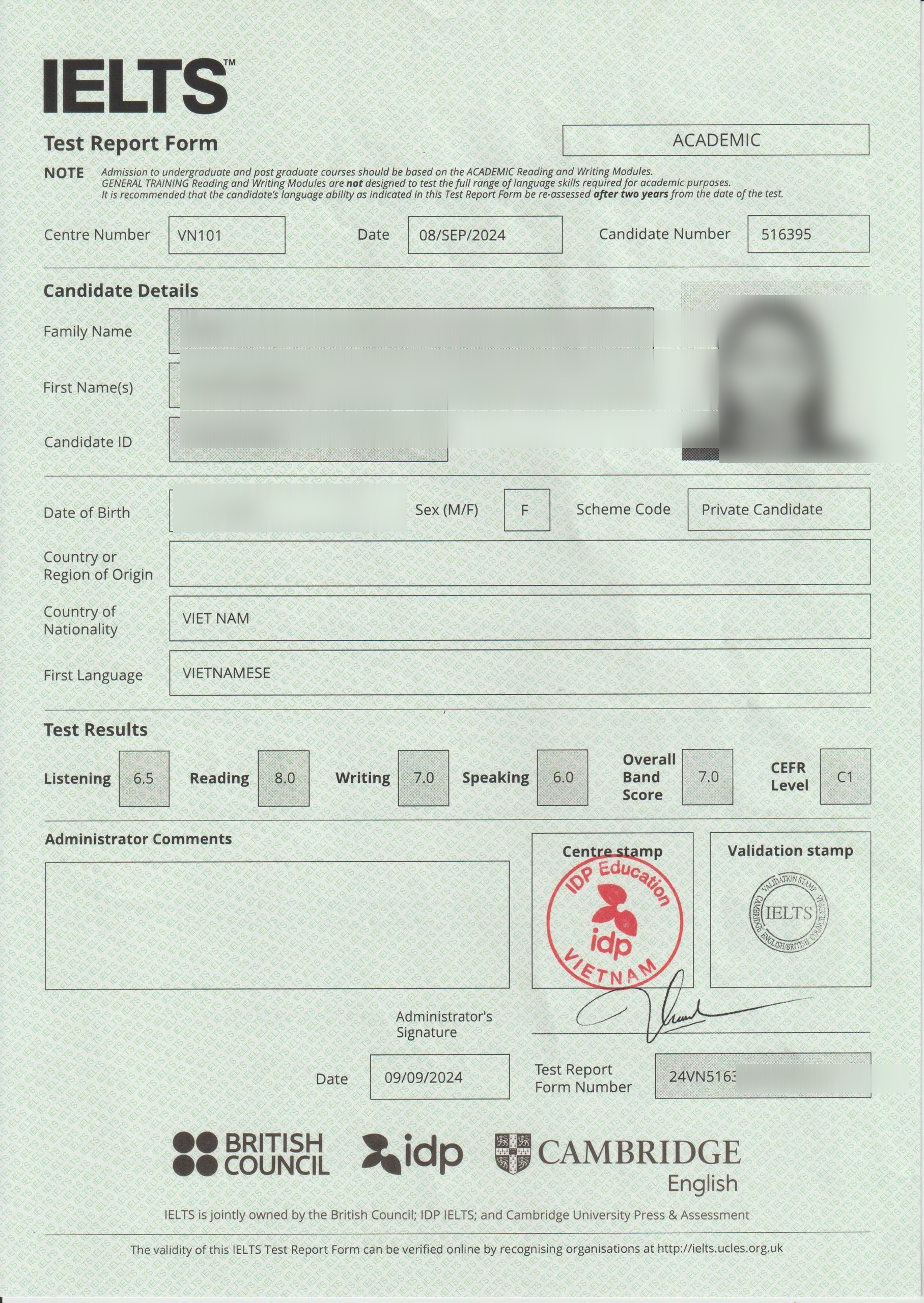Vy, IELTS TRF chính thức