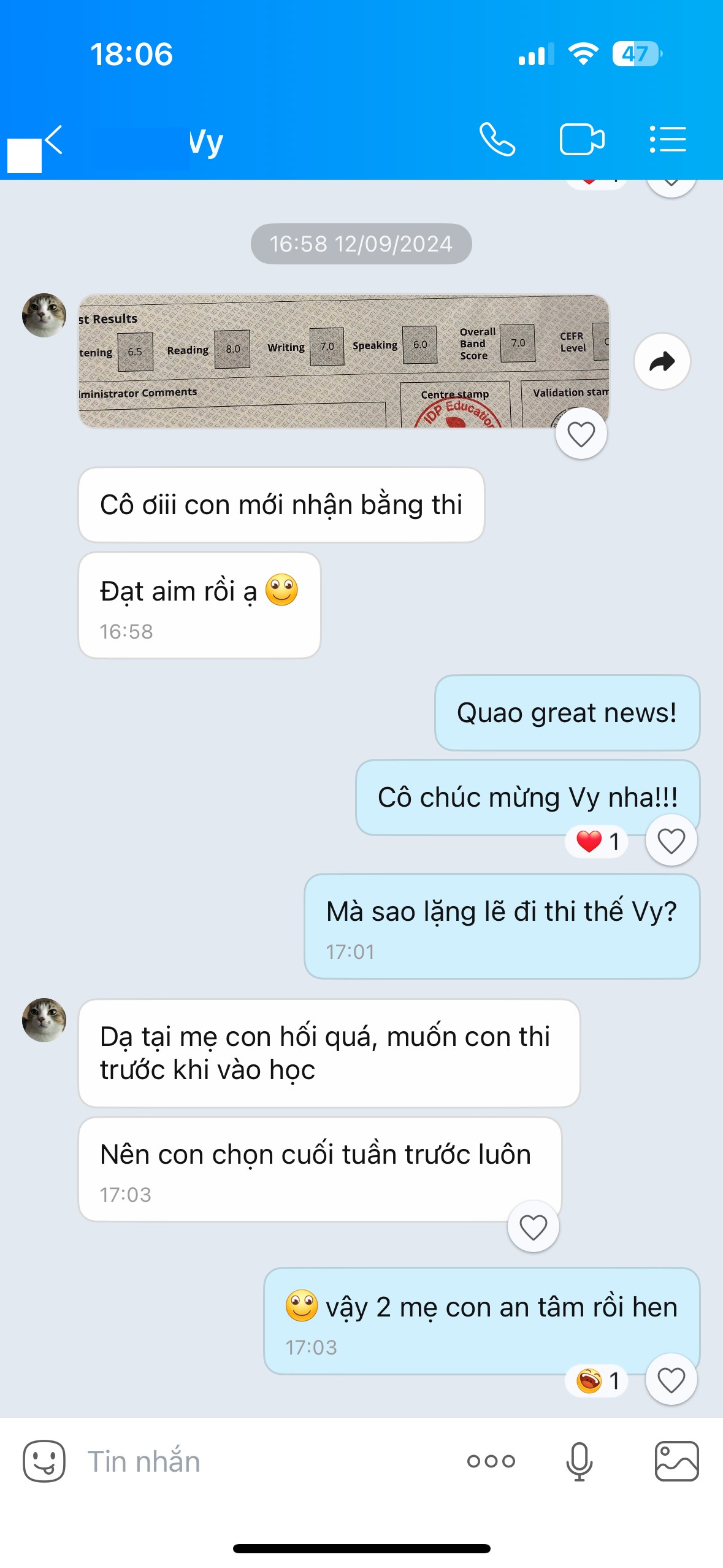 Vy nhắn tin báo đạt Overall 7.0